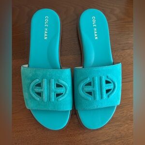 Cole Haan Turquoise Suede Slide Sandals with Geometric Design
